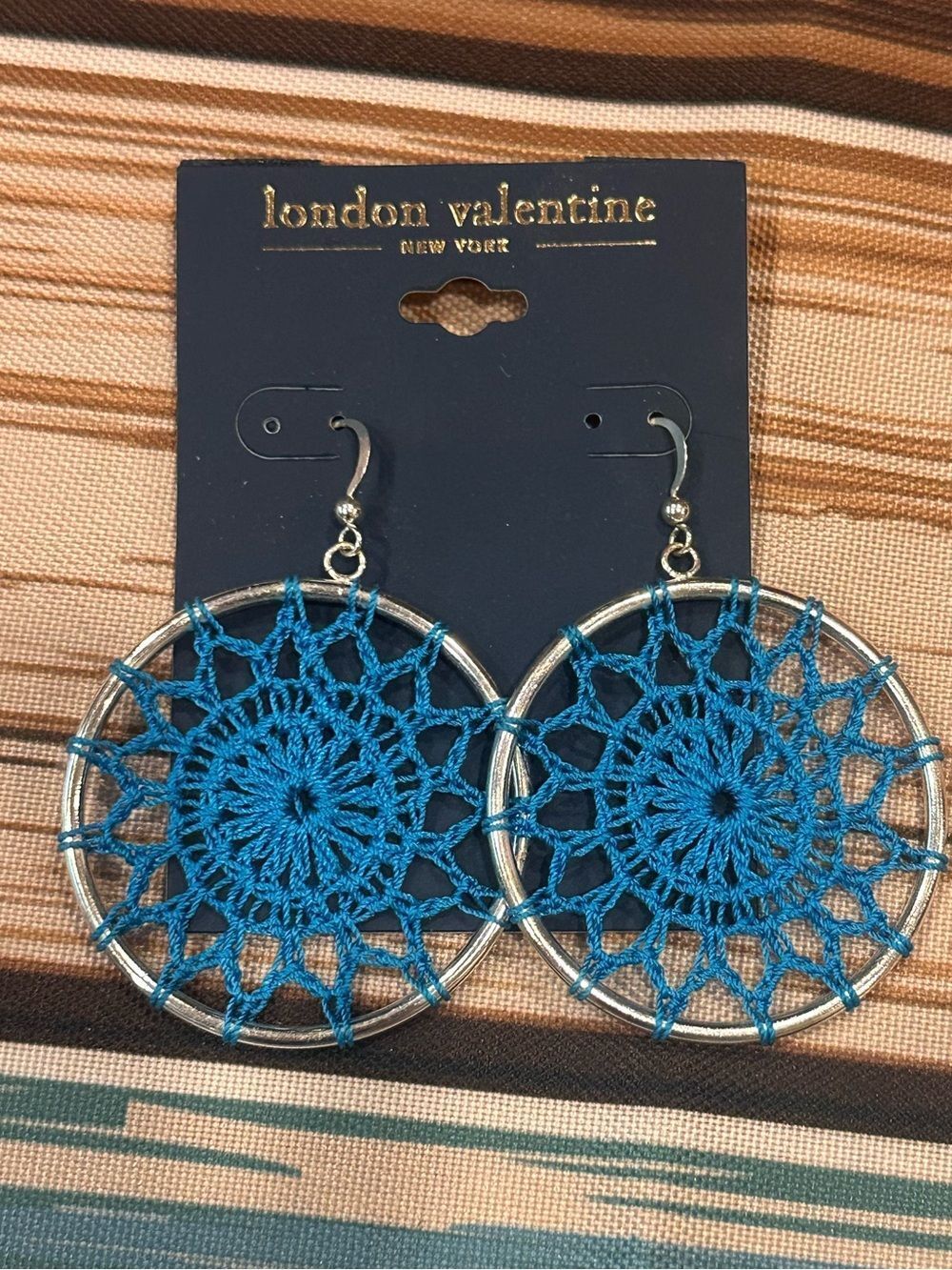 London Valentine Blue Boho Crochet Hoop Silver Dangle Earrings